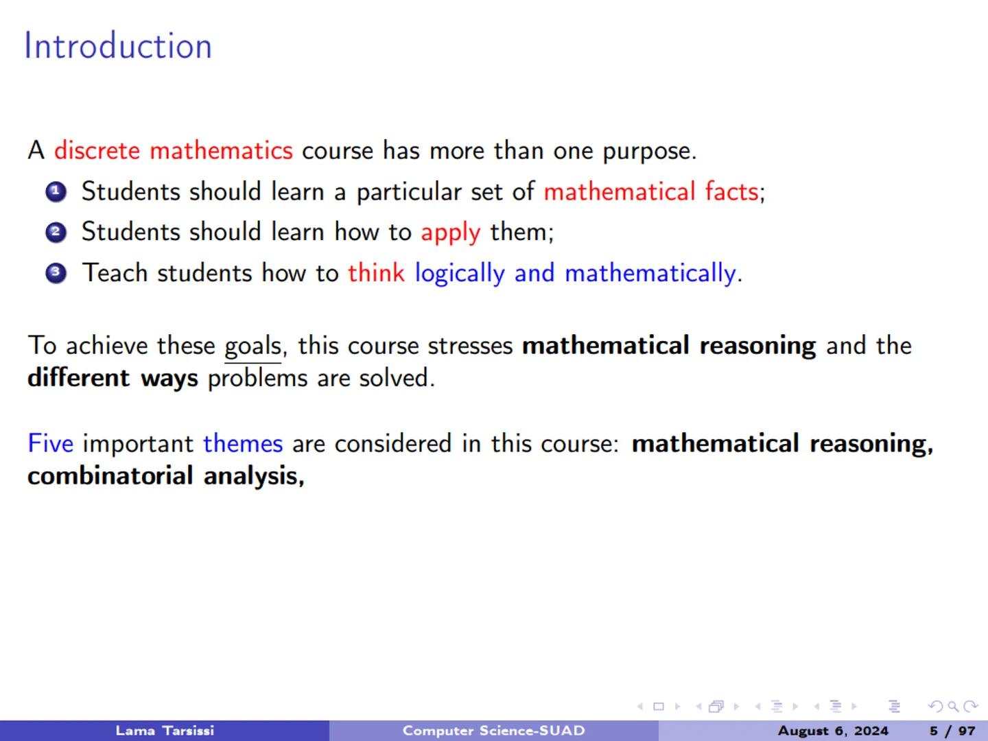 # 1.1-Introduction to Logic # Introduction

A discrete mathematics course has more than one purpose. Introduction
A discrete mathematics cou