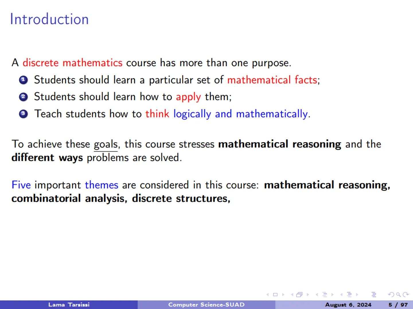 # 1.1-Introduction to Logic # Introduction

A discrete mathematics course has more than one purpose. Introduction
A discrete mathematics cou