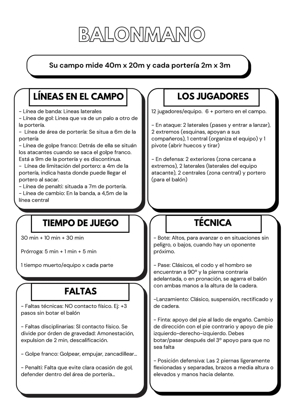 # BALONMANO

Su campo mide 40m x 20m y cada portería 2m x 3m

# LÍNEAS EN EL CAMPO

- Línea de banda: Lineas laterales
- Línea de gol: Linea