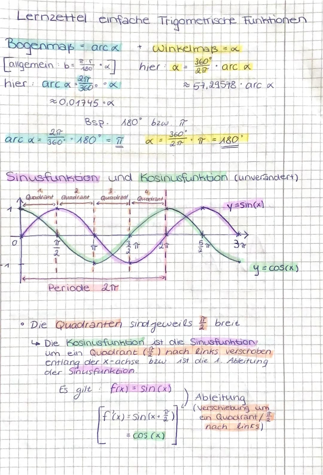 # Lernzettel einfache Trigometrische Funktionen

Bogenmap = arc a + Winkelmaß = x

[allgemein: b=$\\frac{\\pi}{180}$ x]
hier a = $\\frac{360