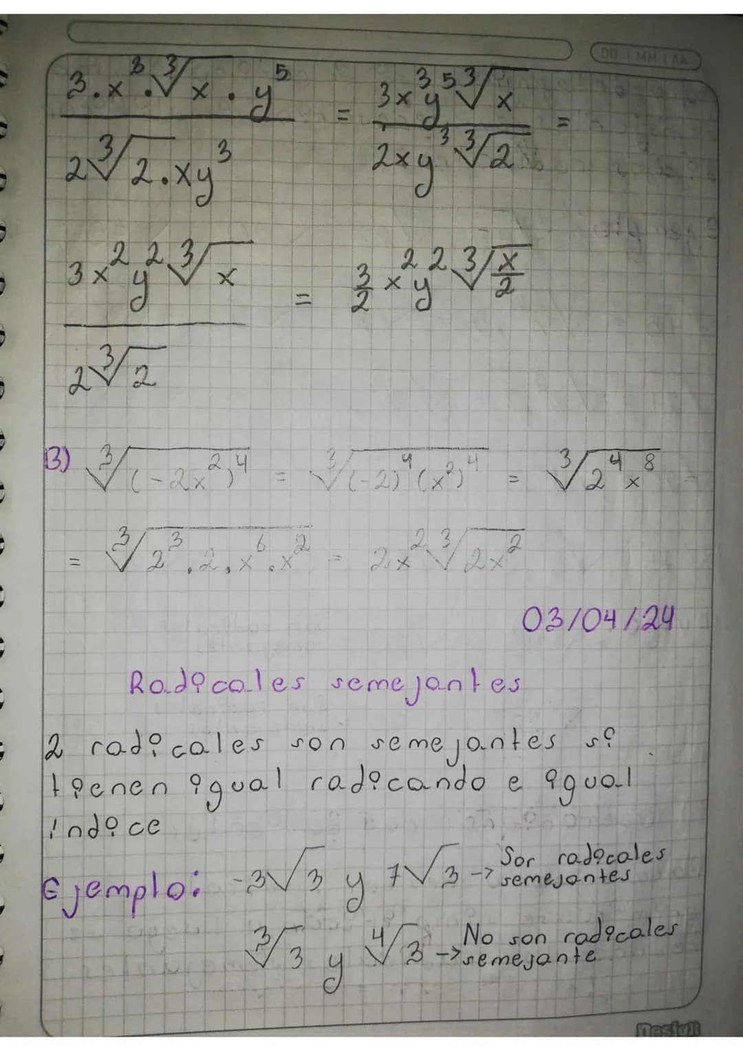 DD IMMIAA
S
02/04/24
Simplificación de Rodicales
Simplificar un radical es expresar-
→lo en su forma más simple, un
radical esta samplepicad