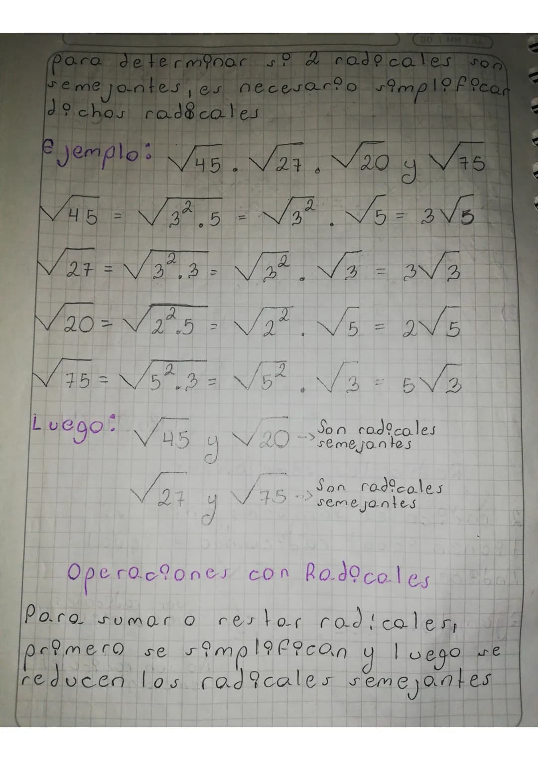 DD IMMIAA
S
02/04/24
Simplificación de Rodicales
Simplificar un radical es expresar-
→lo en su forma más simple, un
radical esta samplepicad