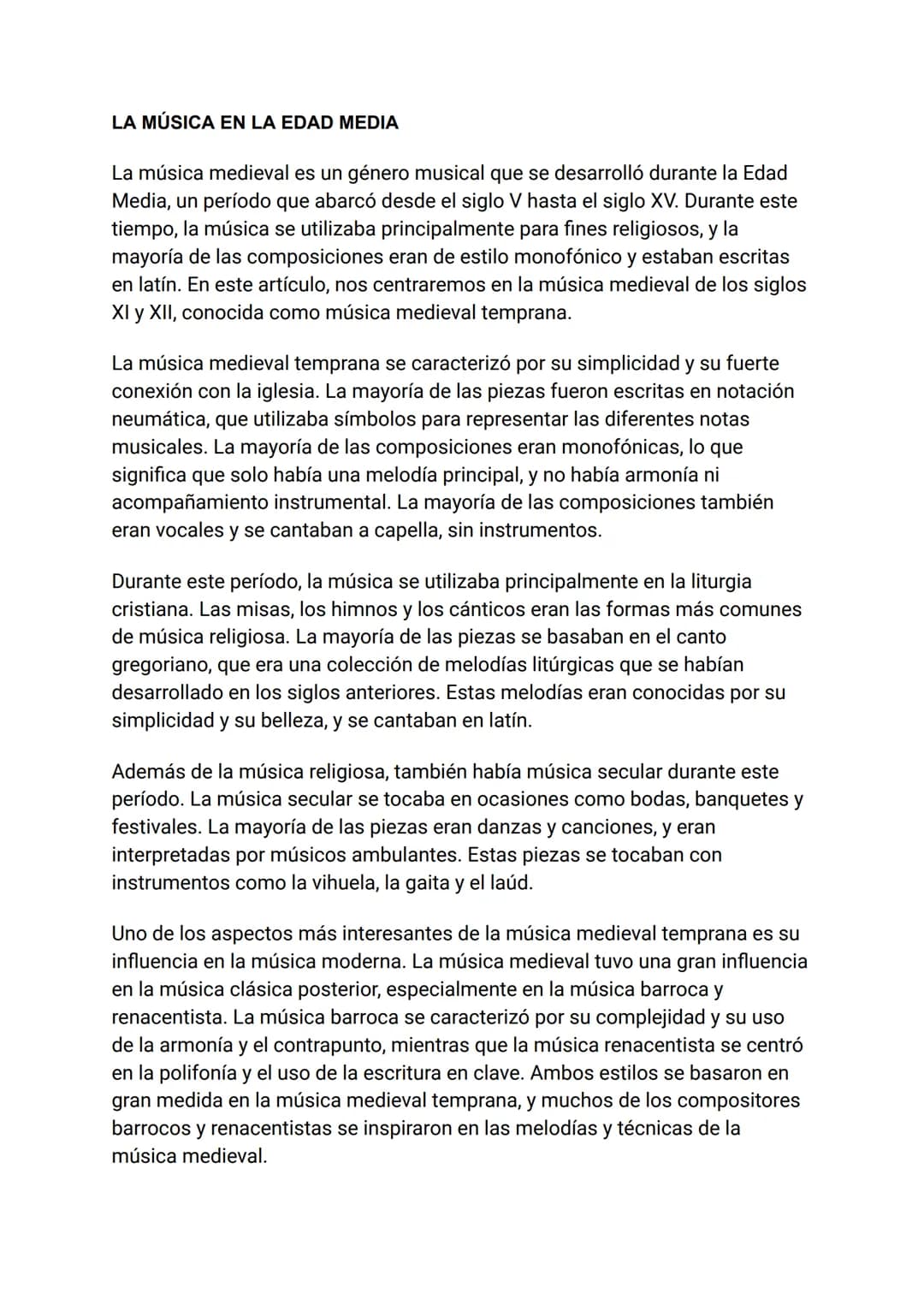 # LA MÚSICA EN LA EDAD MEDIA

La música medieval es un género musical que se desarrolló durante la Edad
Media, un período que abarcó desde e