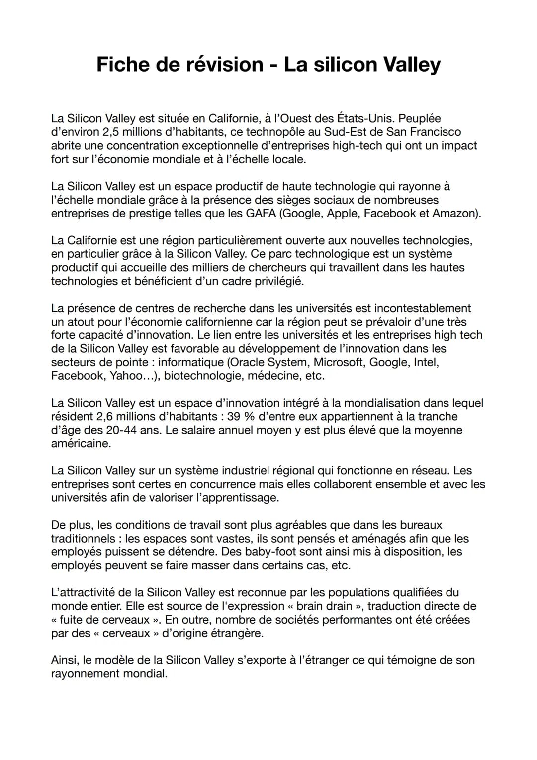 # Fiche de révision - La silicon Valley

La Silicon Valley est située en Californie, à l'Ouest des États-Unis. Peuplée
d'environ 2,5 million