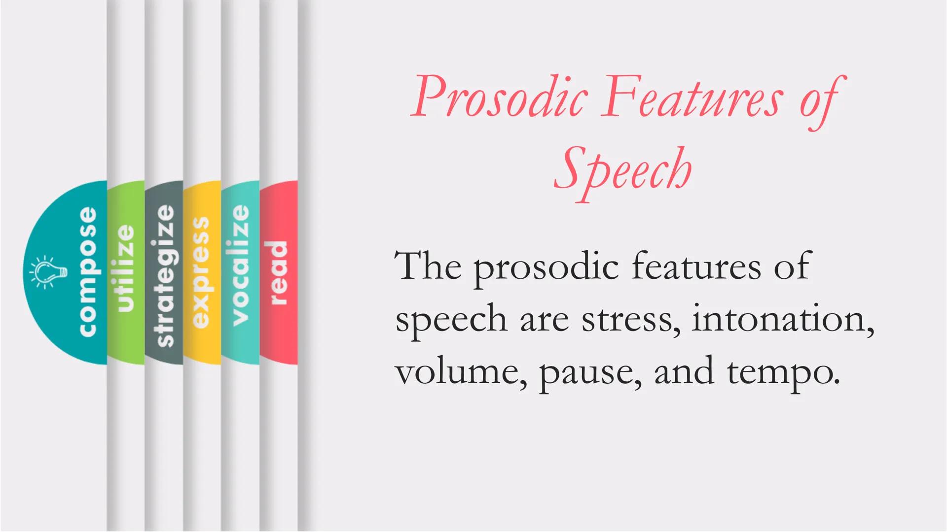 # Prosodic Features of Speech

- compose
- utilize
- strategize
- express
- vocalize
- read # Learning Outcomes

- ✓ Define verbal and non-v