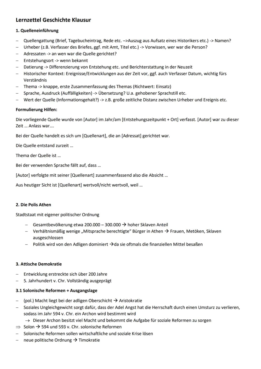 # Lernzettel Geschichte Klausur

1. Quelleneinführung

- Quellengattung (Brief, Tagebucheintrag, Rede etc. ->Auszug aus Aufsatz eines Histor