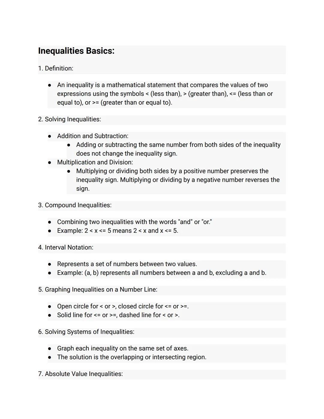 # Inequalities Basics:

1. Definition:

*   An inequality is a mathematical statement that compares the values of two
expressions using the 