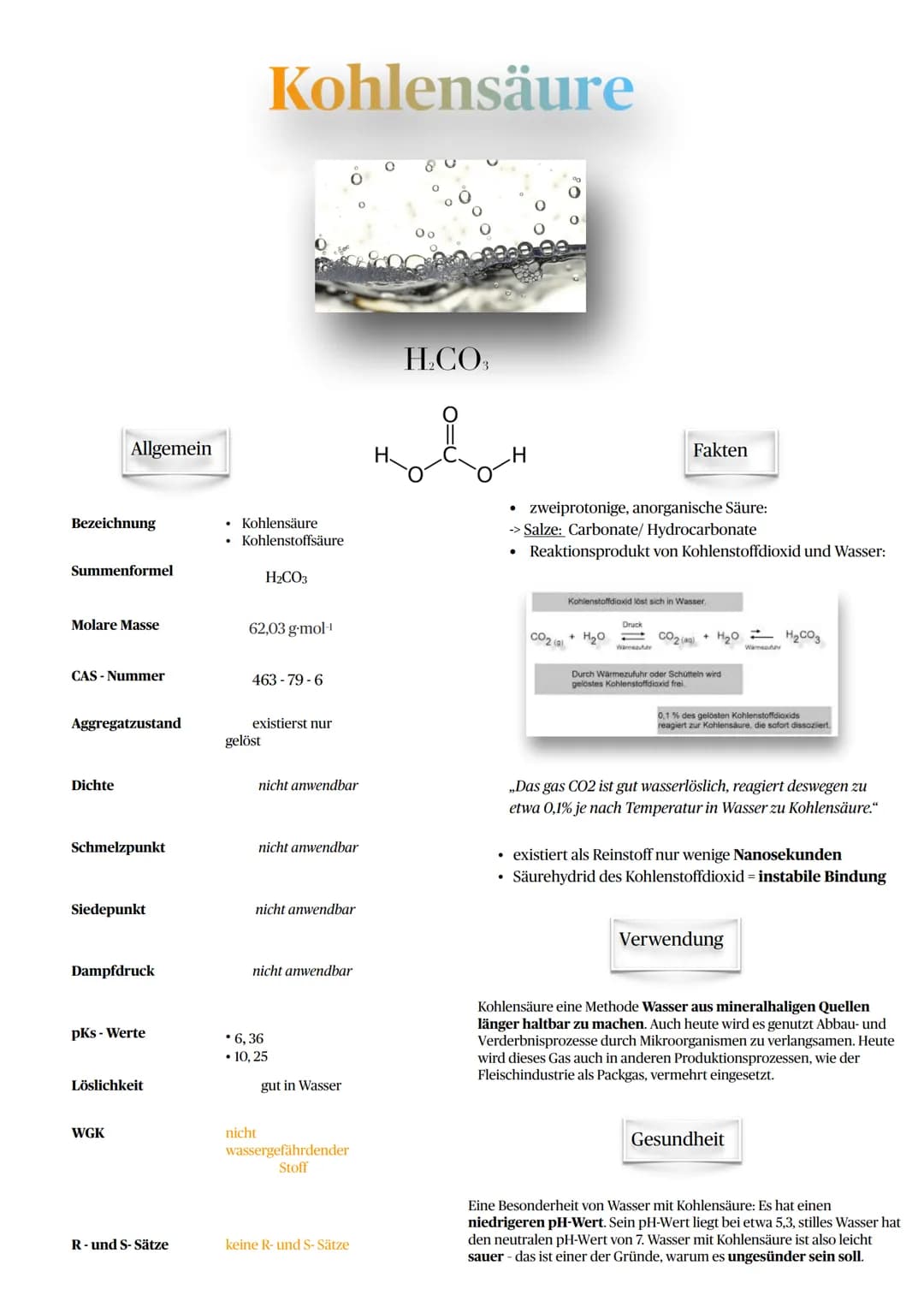 Allgemein

Kohlensäure

$H_2CO_3$

$H-O\overset{O}{\parallel}C-O-H$

Fakten

- zweiprotonige, anorganische Säure:
-> Salze: Carbonate/ Hydro