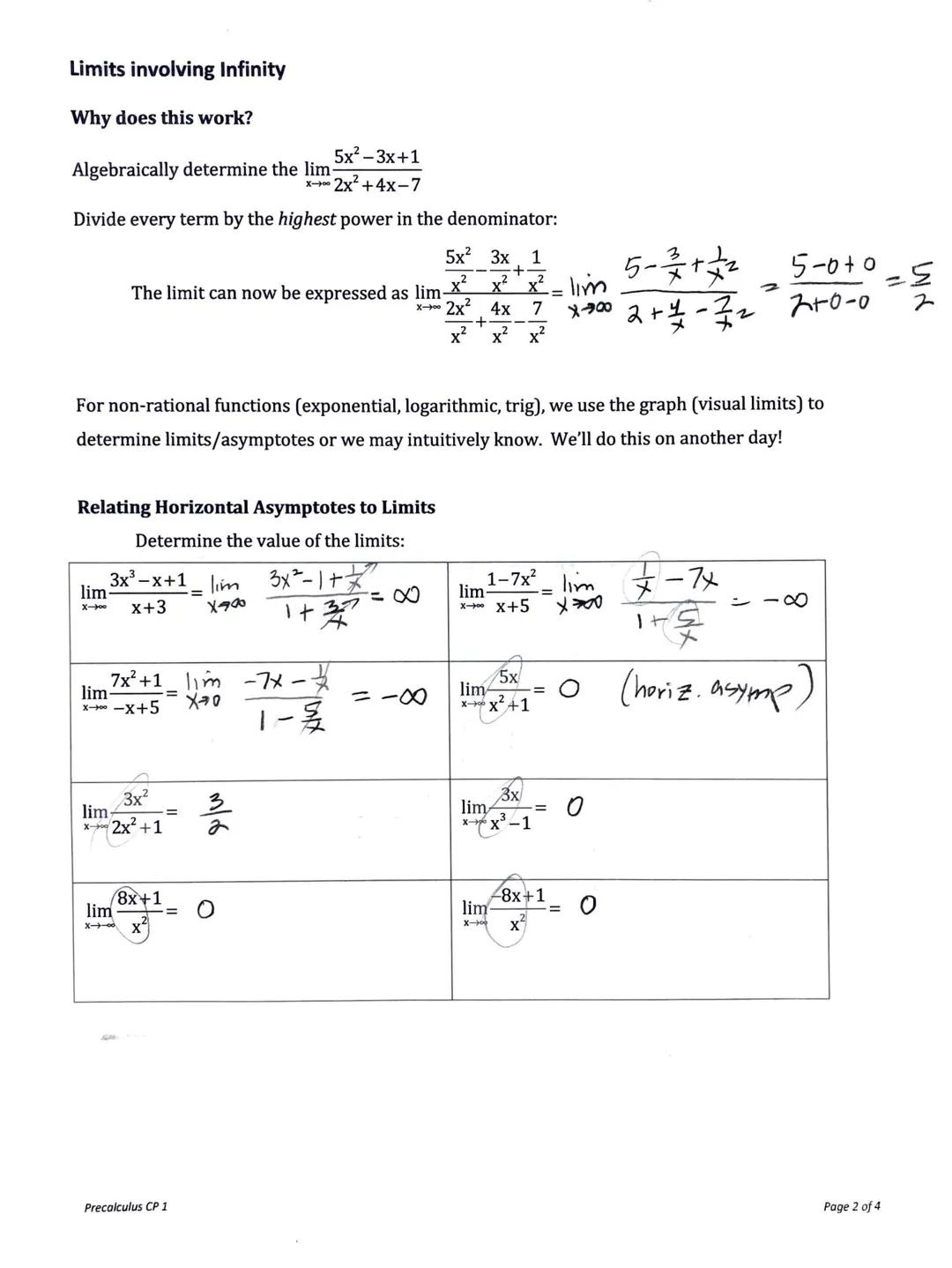 # Pre-Calculus CP 1 - Limits involving Infinity

# Horizontal and Vertical Asymptotes

Horizontal Asymptotes:
Graph of f(x)=
X
1


lim-=
X- 