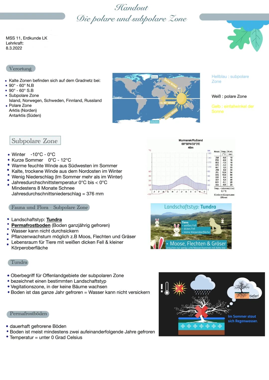 # Handout

## Die polare und subpolare Zone

MSS 11, Erdkunde LK
Lehrkraft:
8.3.2022

## Verortung

*   Kalte Zonen befinden sich auf dem Gr