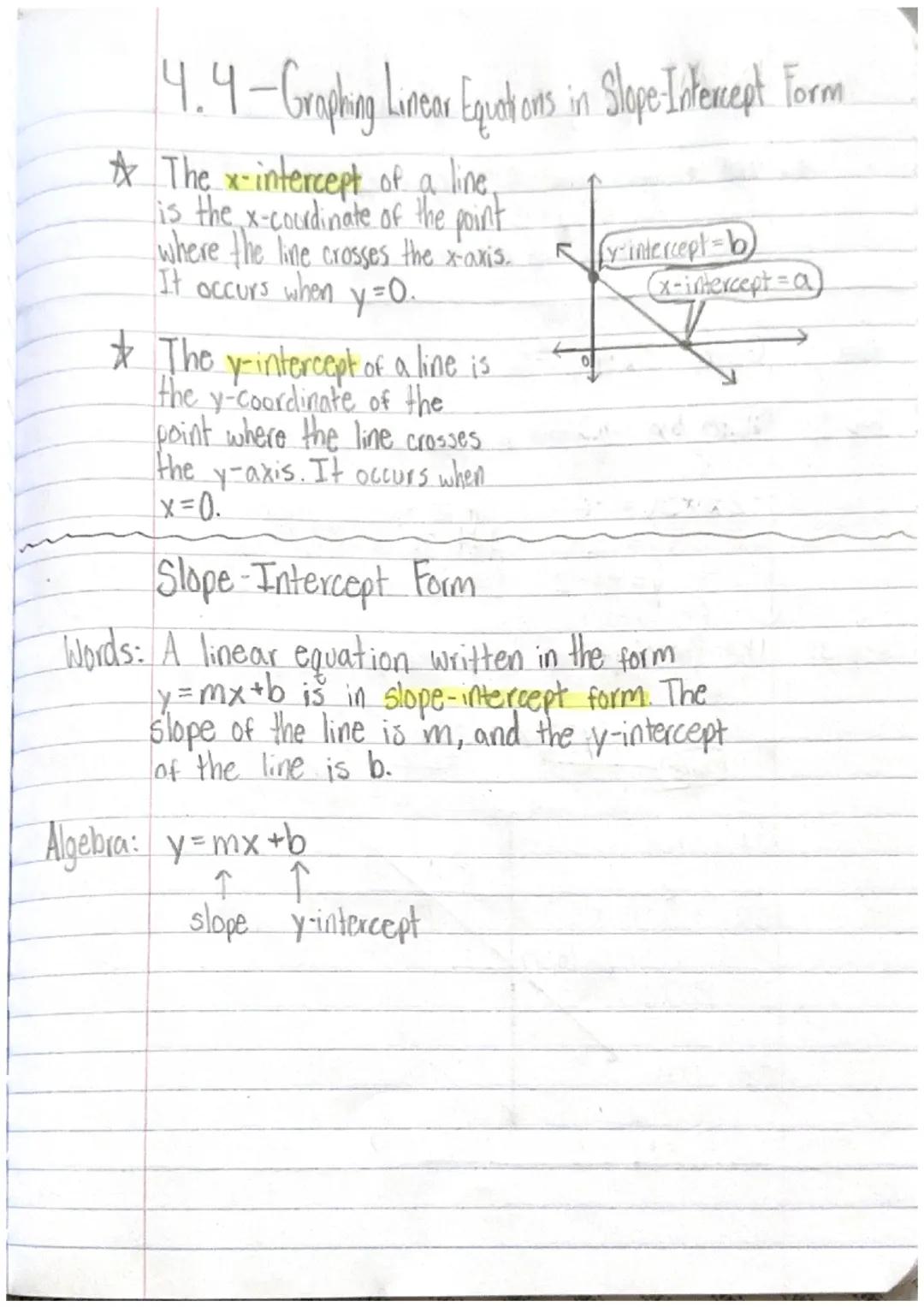 # 4.4-Graphing Linear Equations in Slope Intercept Form

* The x-intercept of a line,
is the x-coordinate of the point
where the line crosse