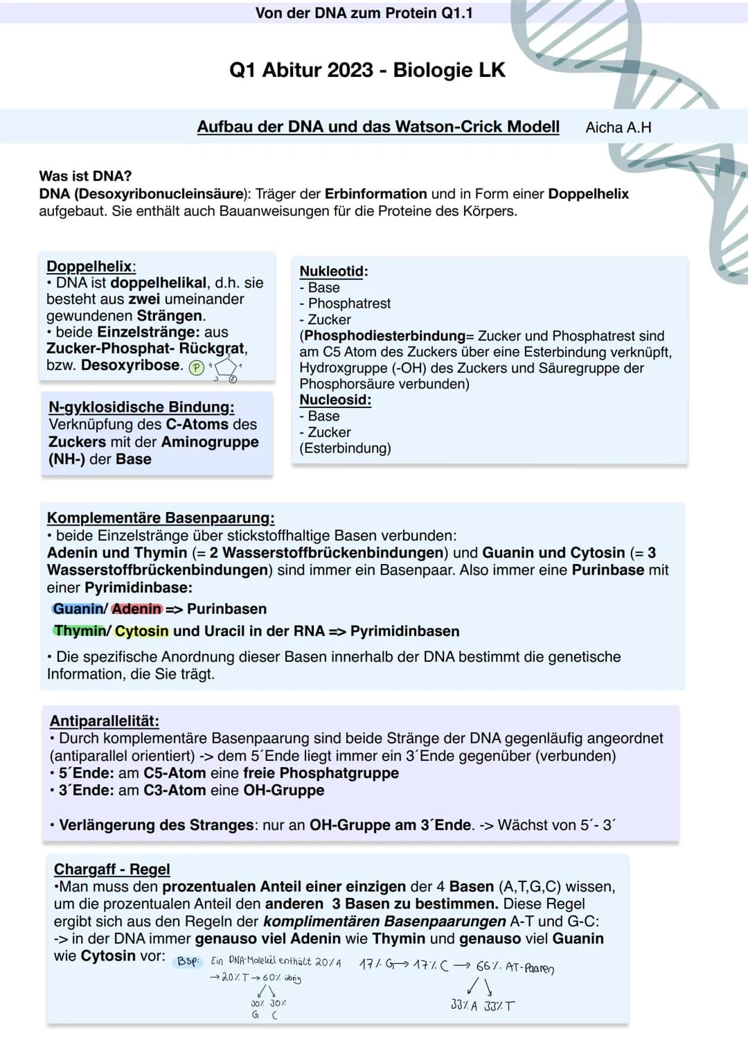 # Q1.1 Von der DNA zum Protein

Aicha A.H # Von der DNA zum Protein Q1.1

Q1 Abitur 2023 - Biologie LK

Aufbau der DNA und das Watson-Crick 