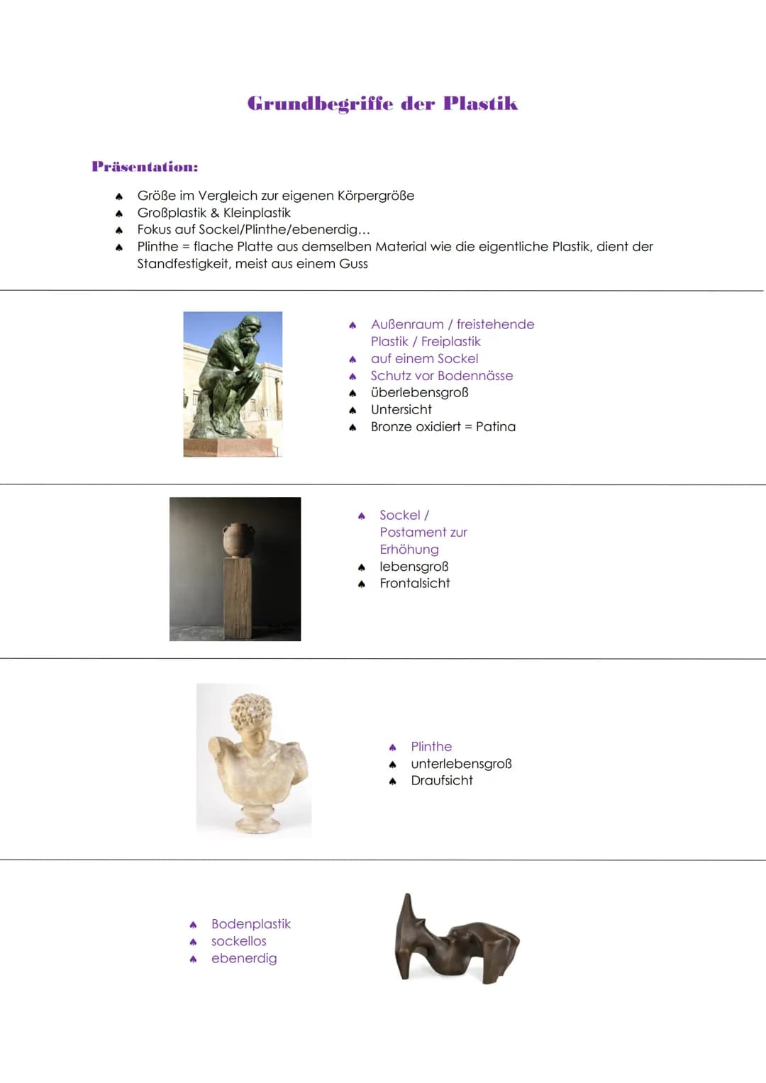 # PLASTIK

▲ griech.,,plassein" = bilden, formen, modellieren

▲ bspw. Ton Wachs, Gips, Papiermache

▲ teilweise Korrektur möglich

▲ Unters