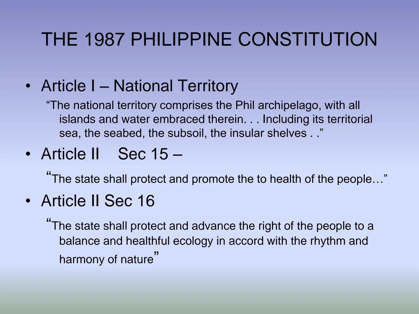 # FISHERY LAWS # HIERARCHY OF LAWS

THE PHILIPPINE CONSTITUTION

National laws and International
Treaties/Agreements (e.g. Acts, Commonwealt