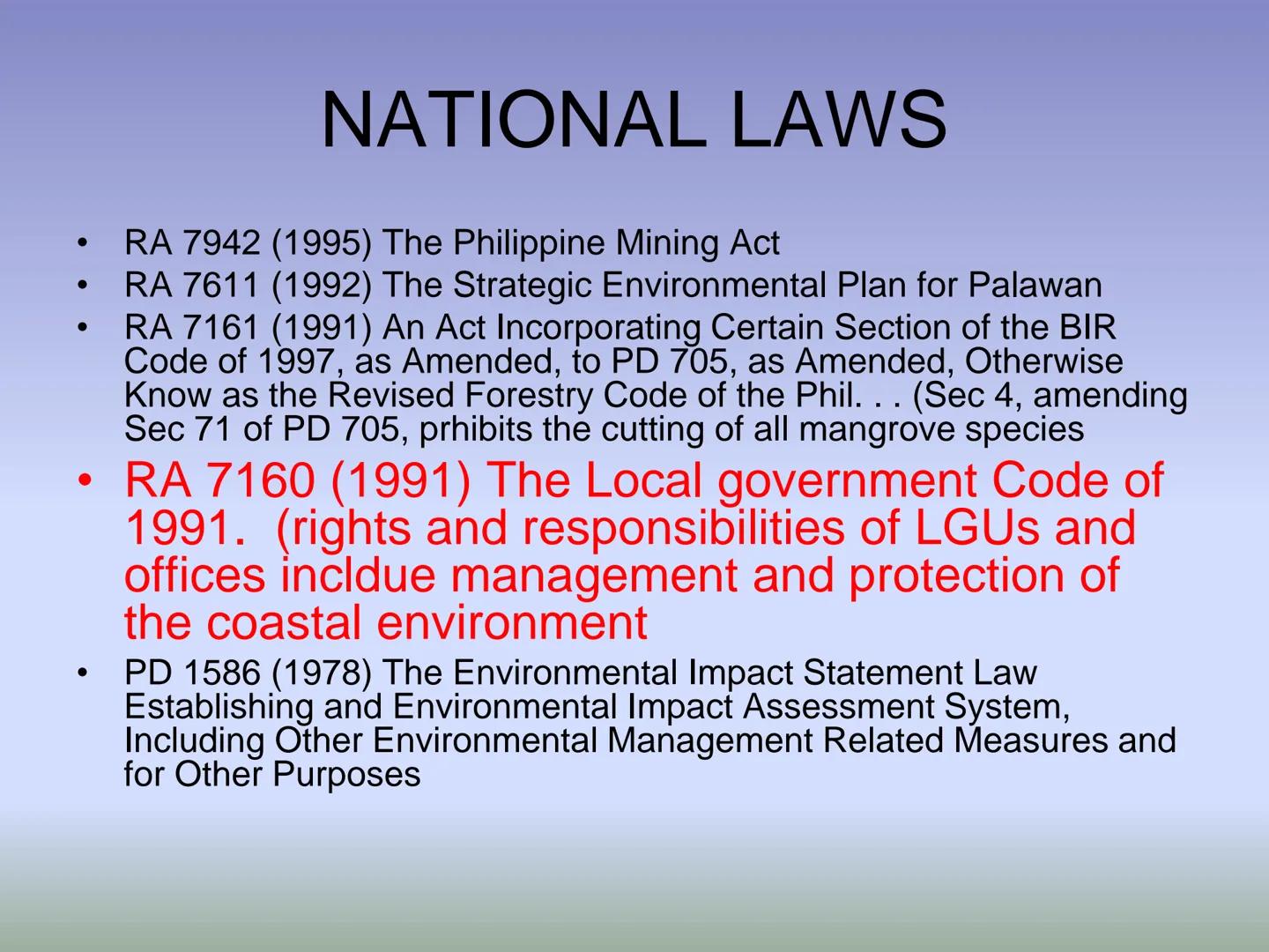 # FISHERY LAWS # HIERARCHY OF LAWS

THE PHILIPPINE CONSTITUTION

National laws and International
Treaties/Agreements (e.g. Acts, Commonwealt