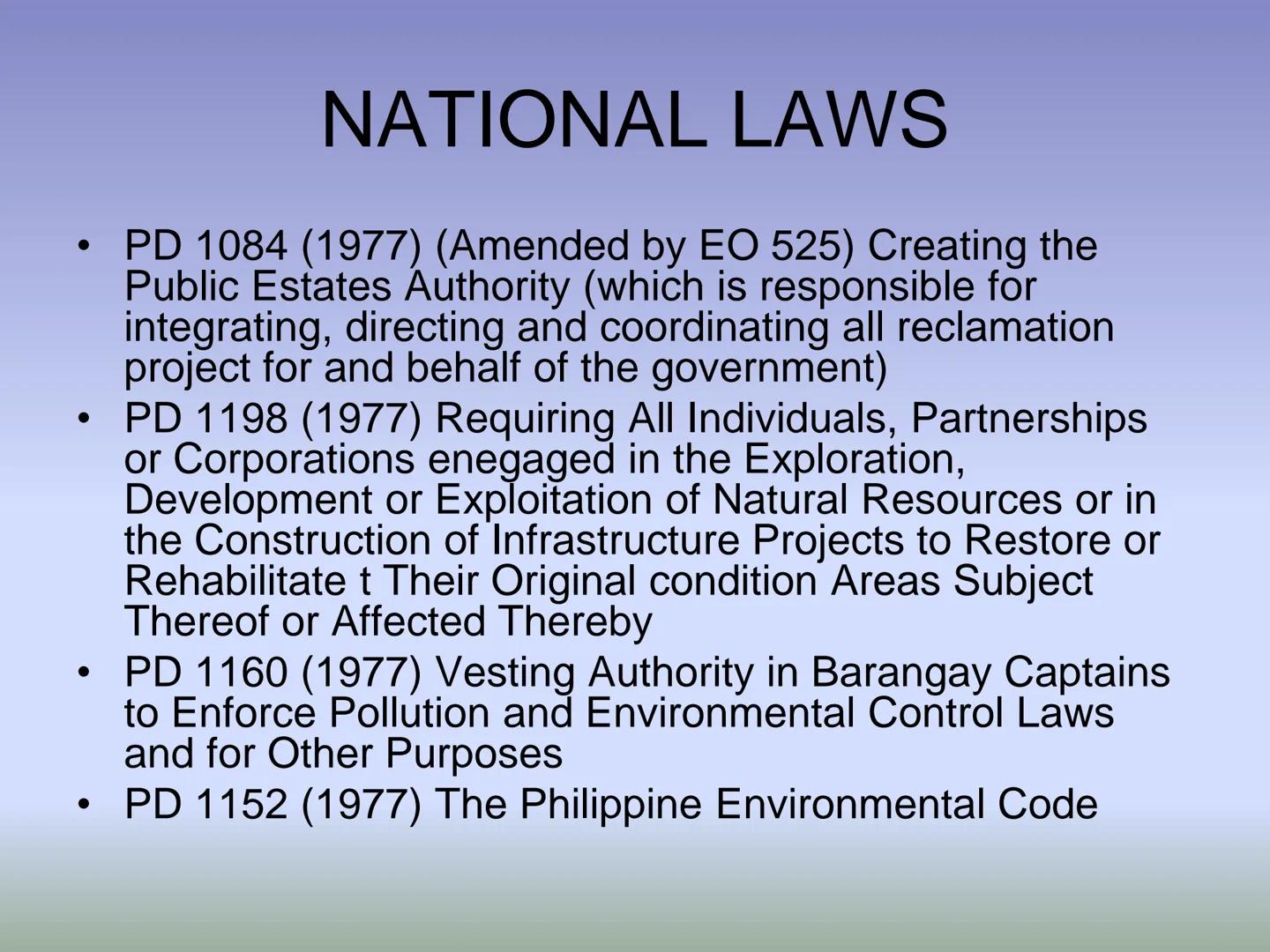 # FISHERY LAWS # HIERARCHY OF LAWS

THE PHILIPPINE CONSTITUTION

National laws and International
Treaties/Agreements (e.g. Acts, Commonwealt