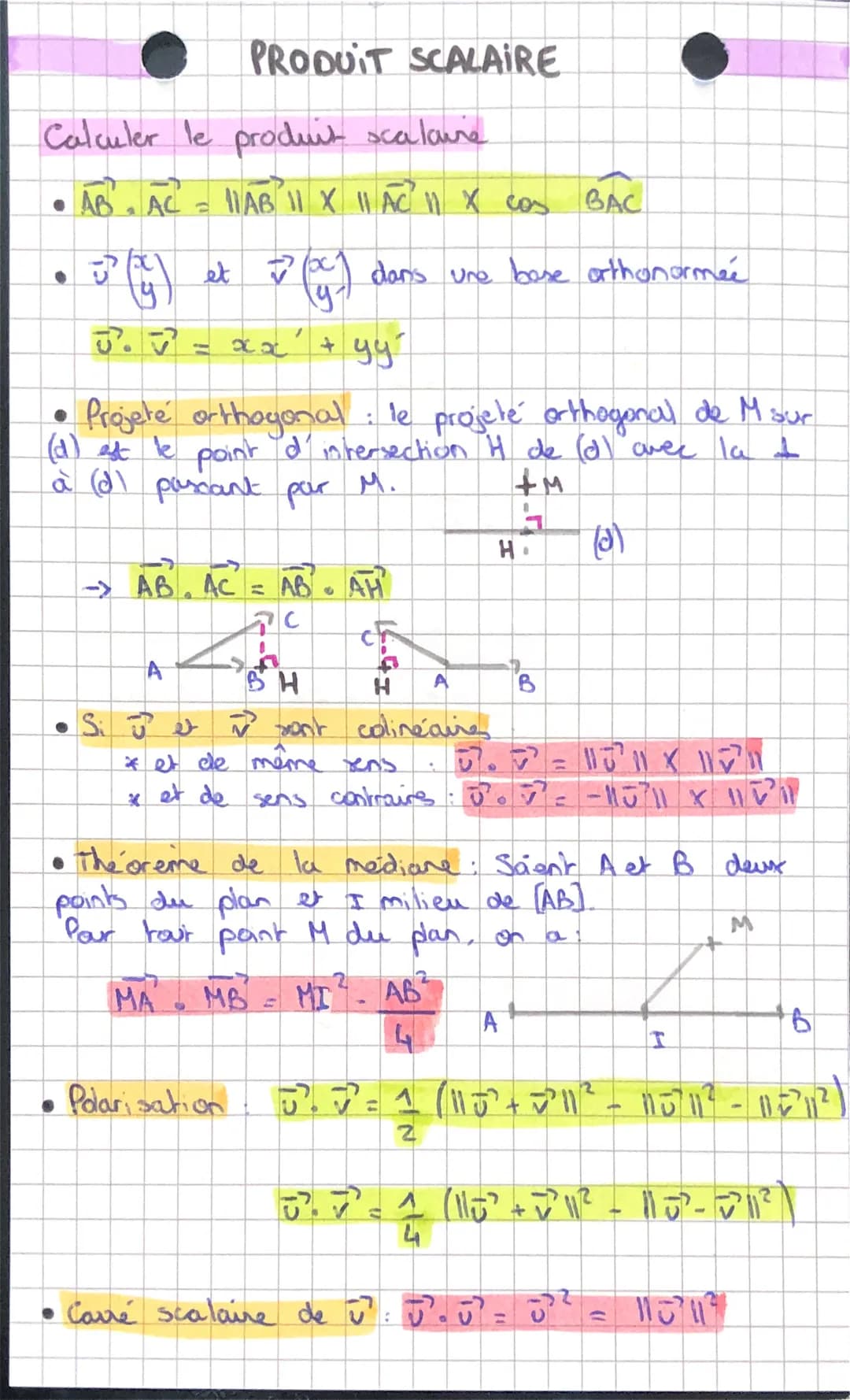 # PRODUIT SCALAIRE

Calculer le produit scalaure

• $AB. AC = NAB II XHÁCH X cos BAC$

• $\vec{u}\binom{x}{y}$ et $\vec{v}\binom{x}{y}$ dans