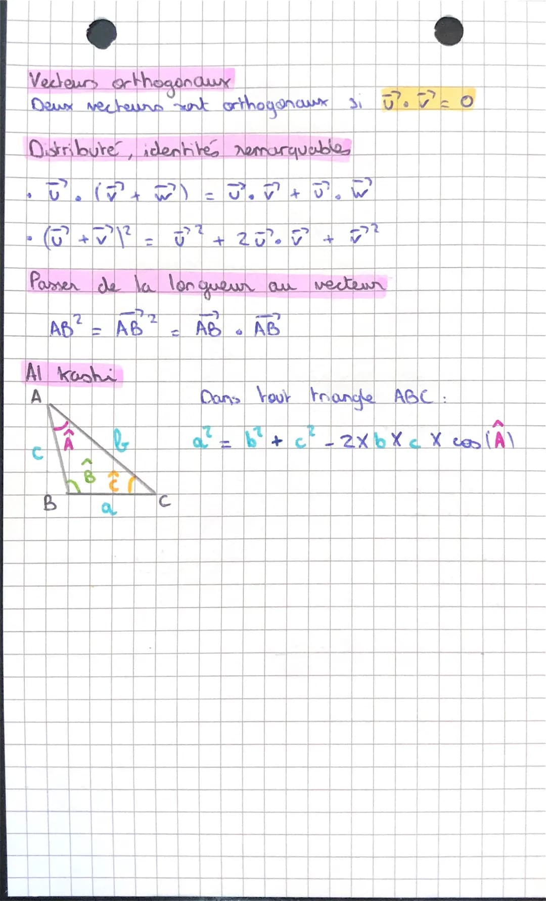 # PRODUIT SCALAIRE

Calculer le produit scalaure

• $AB. AC = NAB II XHÁCH X cos BAC$

• $\vec{u}\binom{x}{y}$ et $\vec{v}\binom{x}{y}$ dans