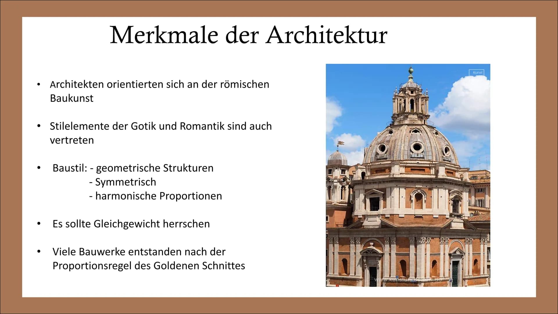 ARCHITEKTUR
DER RENAISSANCE GLIEDERUNG

• Die Architektur der Renaissance

– Allgemeine Informationen zur Architektur

– Merkmale

– Bauteil