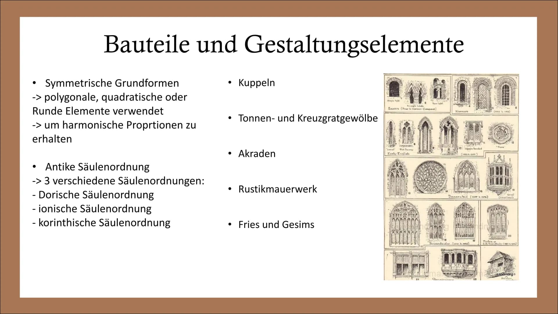 ARCHITEKTUR
DER RENAISSANCE GLIEDERUNG

• Die Architektur der Renaissance

– Allgemeine Informationen zur Architektur

– Merkmale

– Bauteil