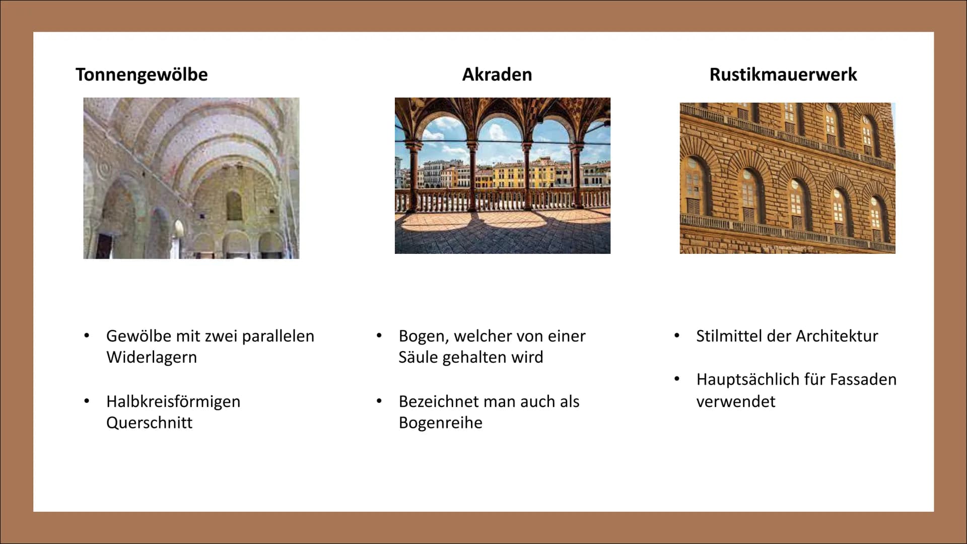 ARCHITEKTUR
DER RENAISSANCE GLIEDERUNG

• Die Architektur der Renaissance

– Allgemeine Informationen zur Architektur

– Merkmale

– Bauteil