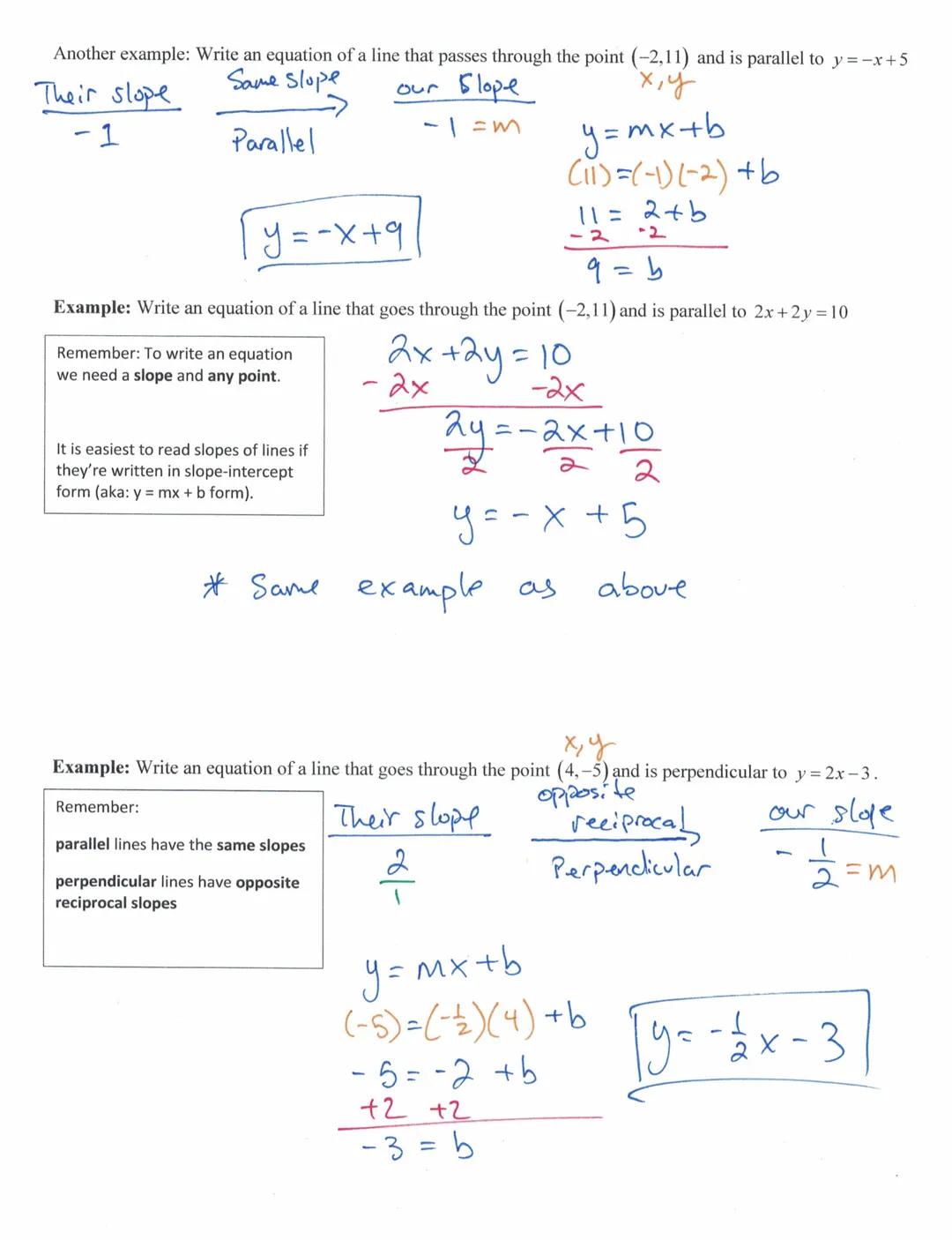 
<h2 id="bigidea">Big Idea:</h2>
<p>Two lines are parallel if and only if they never intersect.</p>
<h2 id="writinglinearequationsofparallel