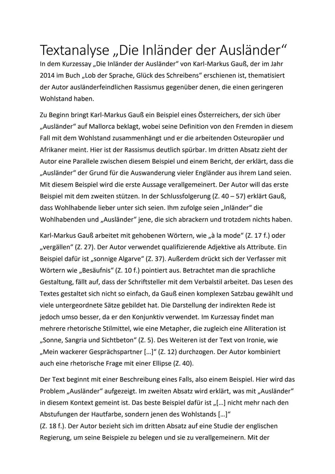 # Textanalyse „Die Inländer der Ausländer"
In dem Kurzessay,„Die Inländer der Ausländer" von Karl-Markus Gauß, der im Jahr
2014 im Buch „Lob
