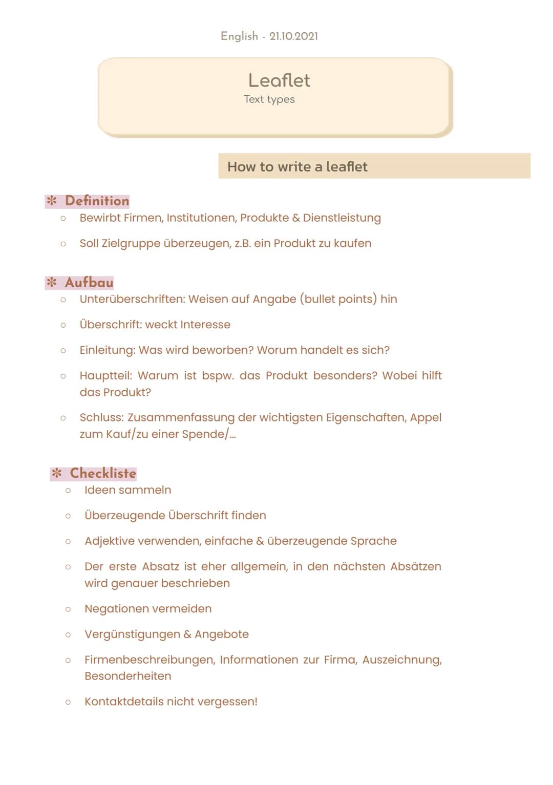 English 21.10.2021

Leaflet
Text types

How to write a leaflet
* Definition

Bewirbt Firmen, Institutionen, Produkte & Dienstleistung
0 Soll