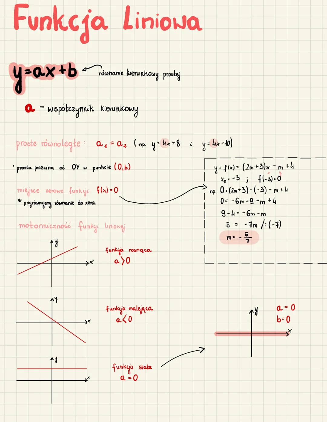  Funkcja Liniowa

y=ax+b
równanie kierunkowy prostej

a - współczynnik kierunkowy

proste równoległe: a₁ = a₂ (np. y=4x+8 i y=4x-10)

* pros