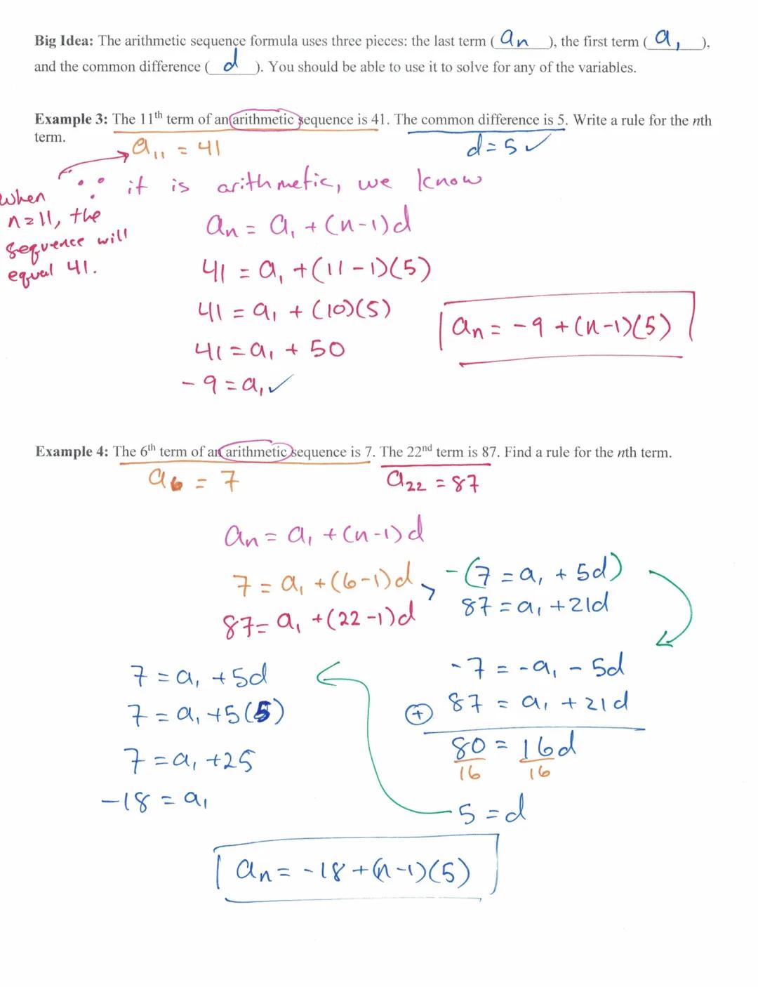# Algebra 1 Arithmetic Sequences and Series Notes

Big Idea: An easy way to create a sequence is to repeatedly add or subtract a number.

e.