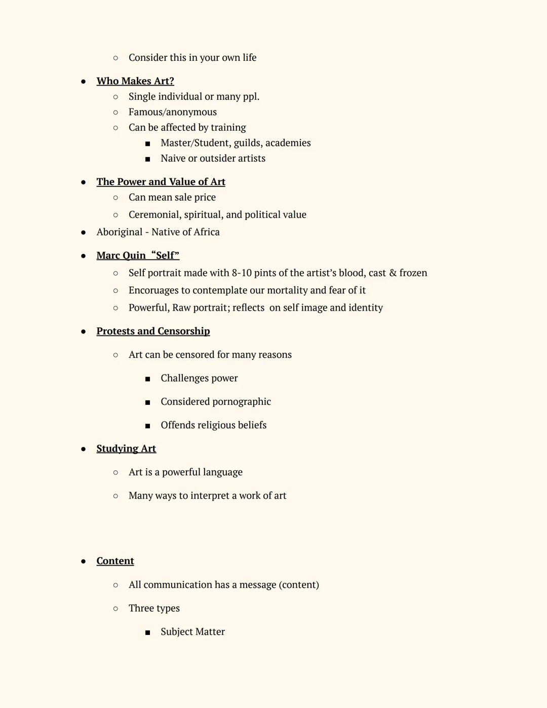 # Arts Appreciation

Notes

Introduction: What Is Art

Art can be made from almost anything!!

Art communicates sensations ideas and emotion