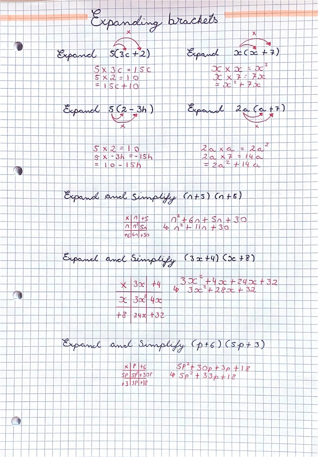 # Expanding brackets

X
Expand 5(3c+2)

Sx3c=1SC
5×2=10
=1SC+10
Expand x(x+7)

x x x = x
=Dx² + 7x
2a (a+7)
Expand 5(2-34) Expand 20 (22)

5