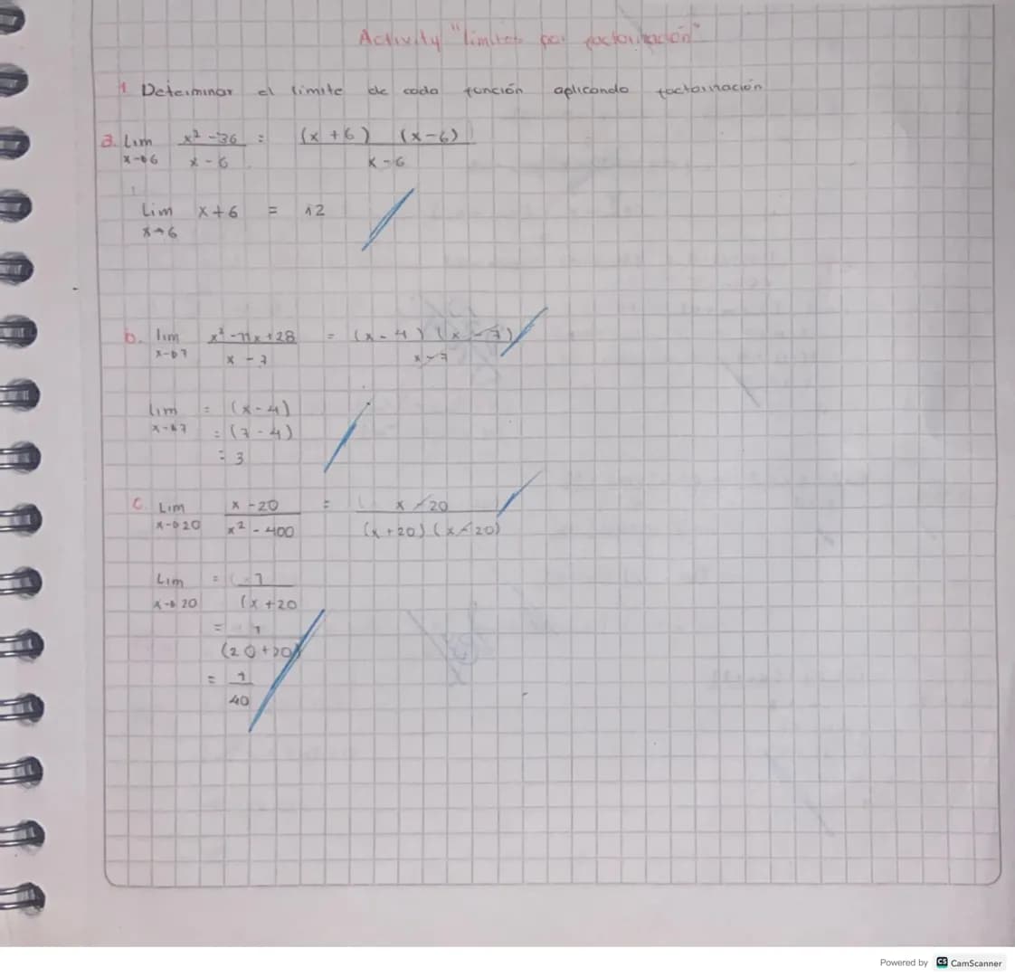 Activity "límites por pocloritación".

1 Determinar el limite cde cada función aplicando factormación

a. Lim $\frac{x²-36}{X-6}$: $\frac{(x