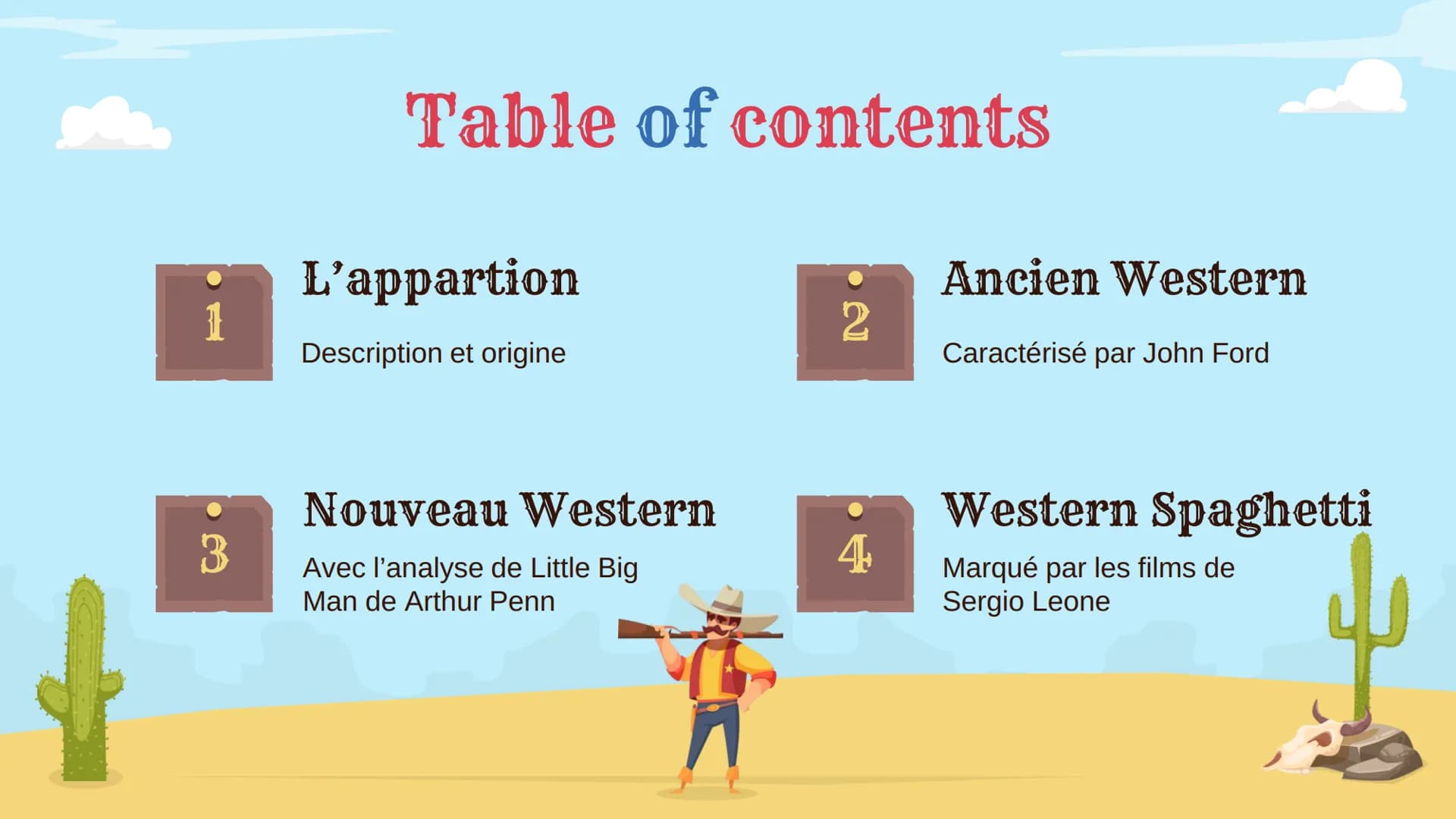 # Films Lesson

# Western

# Genre

Histoire et évolution du Western # Table of contents

L'appartion

Ancien Western

1

2

Description et 