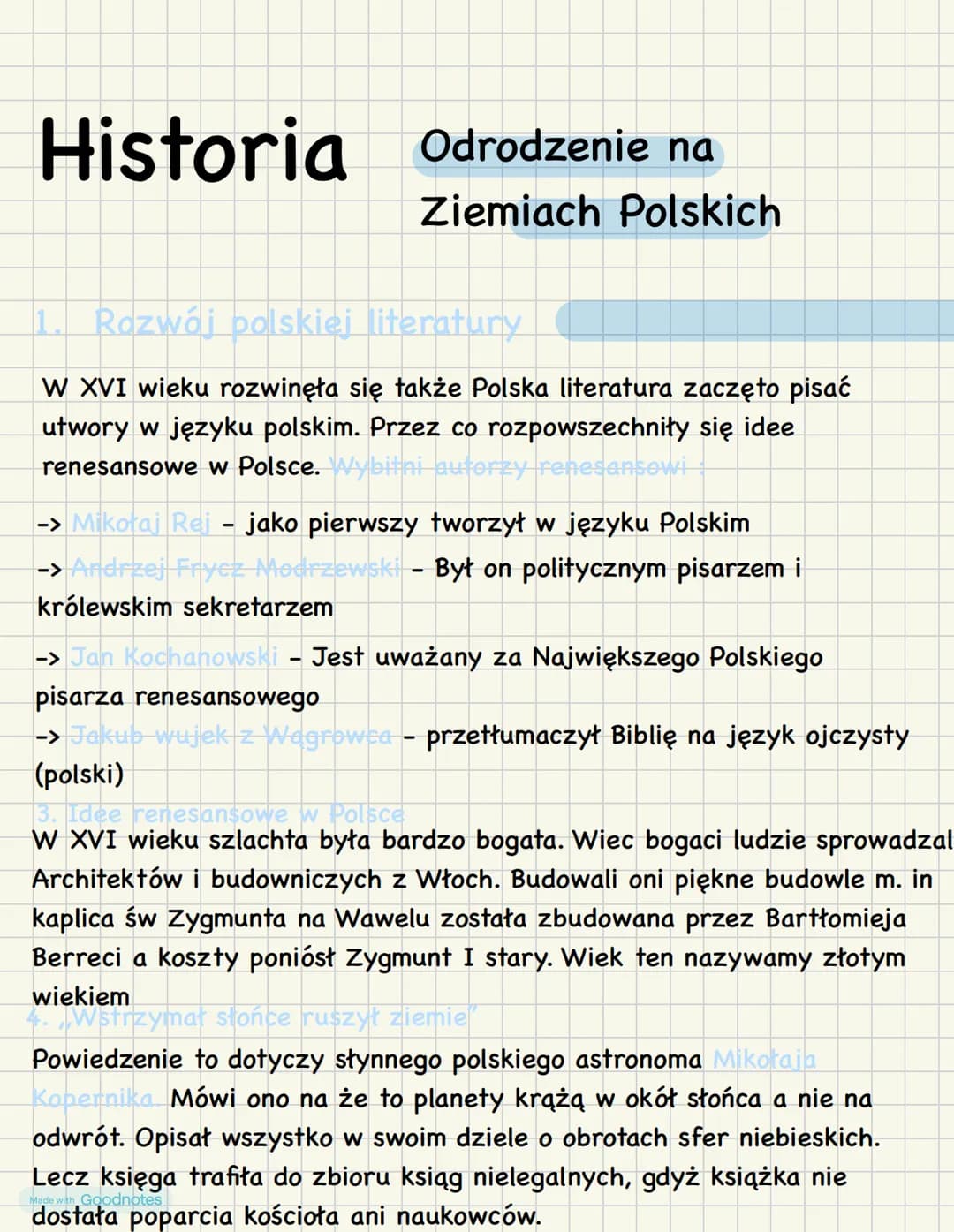 # Historia

Odrodzenie na
Ziemiach Polskich

1. Rozwój polskiej literatury

W XVI wieku rozwinęła się także Polska literatura zaczęto pisać
