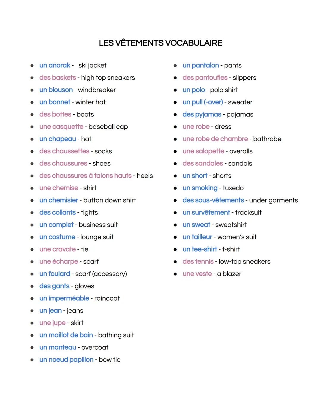 LES VÊTEMENTS VOCABULAIRE

• un anorak - ski jacket
• des baskets - high top sneakers
• un blouson - windbreaker
• un bonnet - winter hat
• 