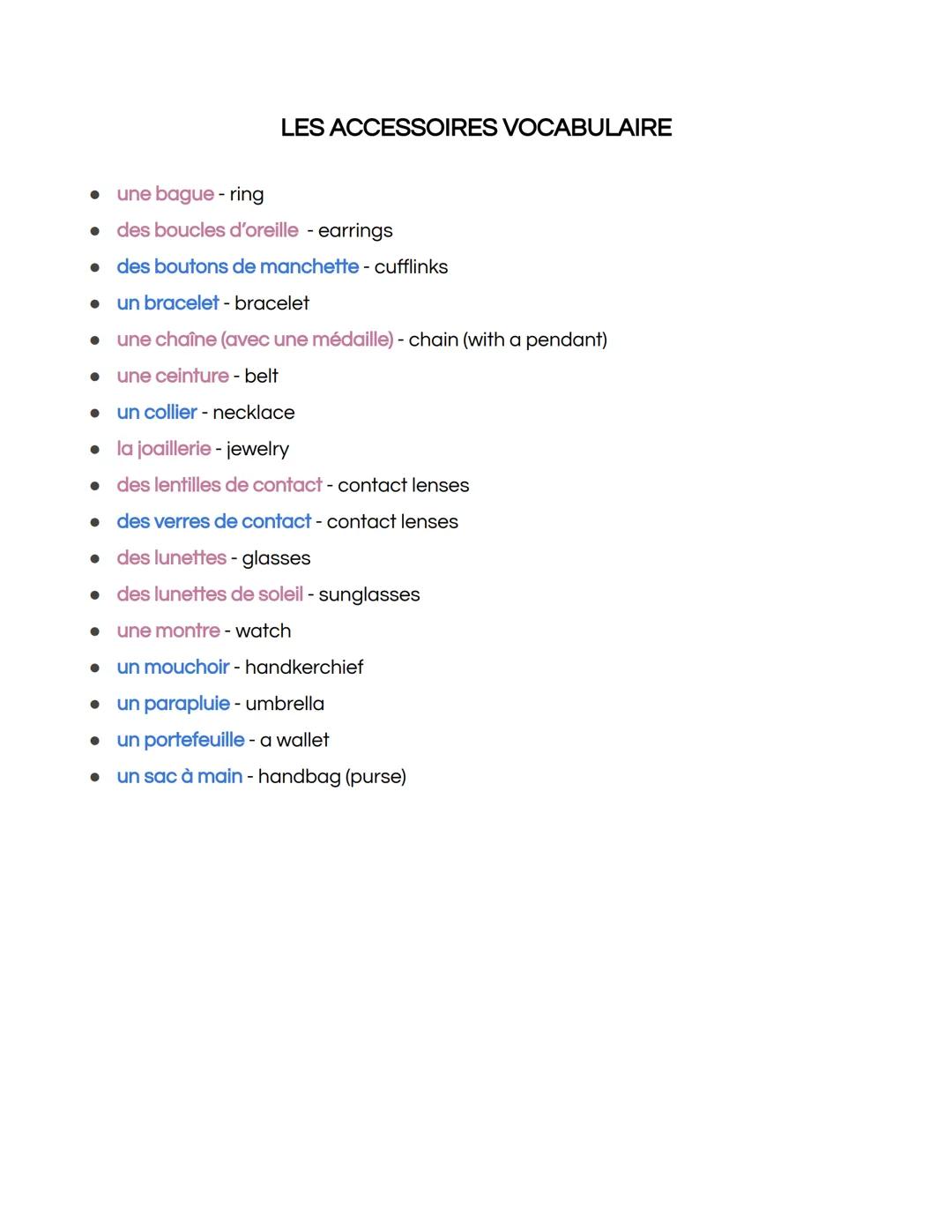 LES VÊTEMENTS VOCABULAIRE

• un anorak - ski jacket
• des baskets - high top sneakers
• un blouson - windbreaker
• un bonnet - winter hat
• 