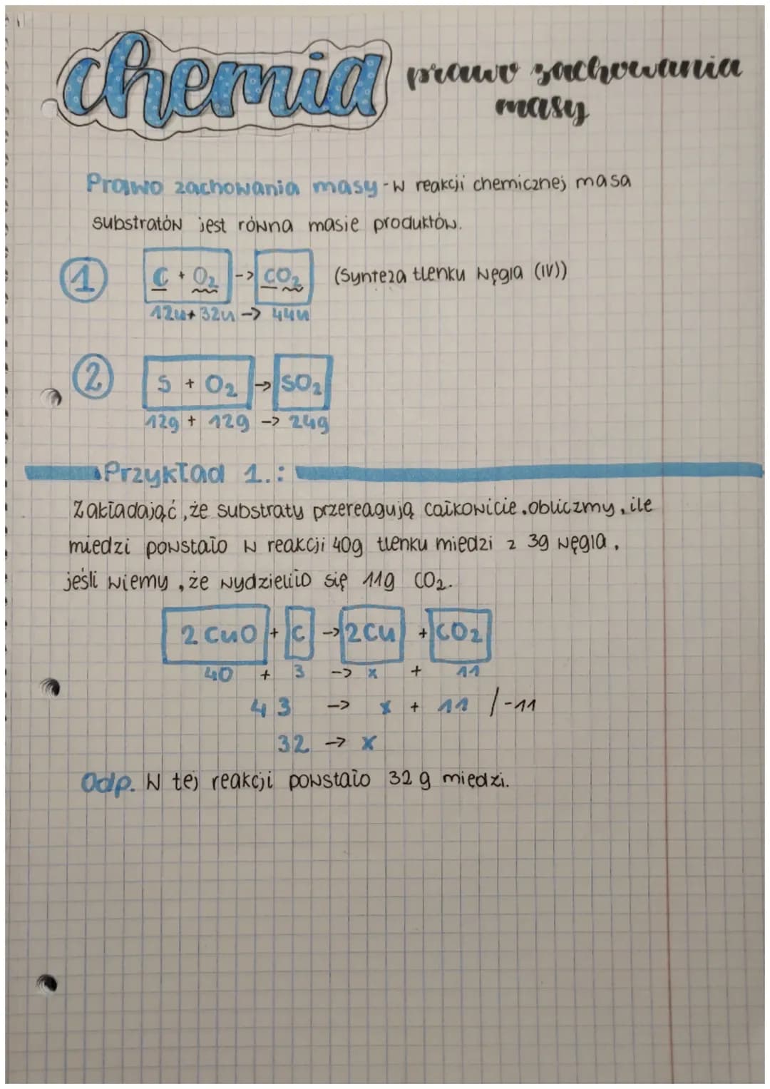 # chemia

prawe zachowania
masy

Prawo zachowania masy-w reakcji chemicznej masa
substratón jest równa masie produktów.

①

+ 

->

(Synteza