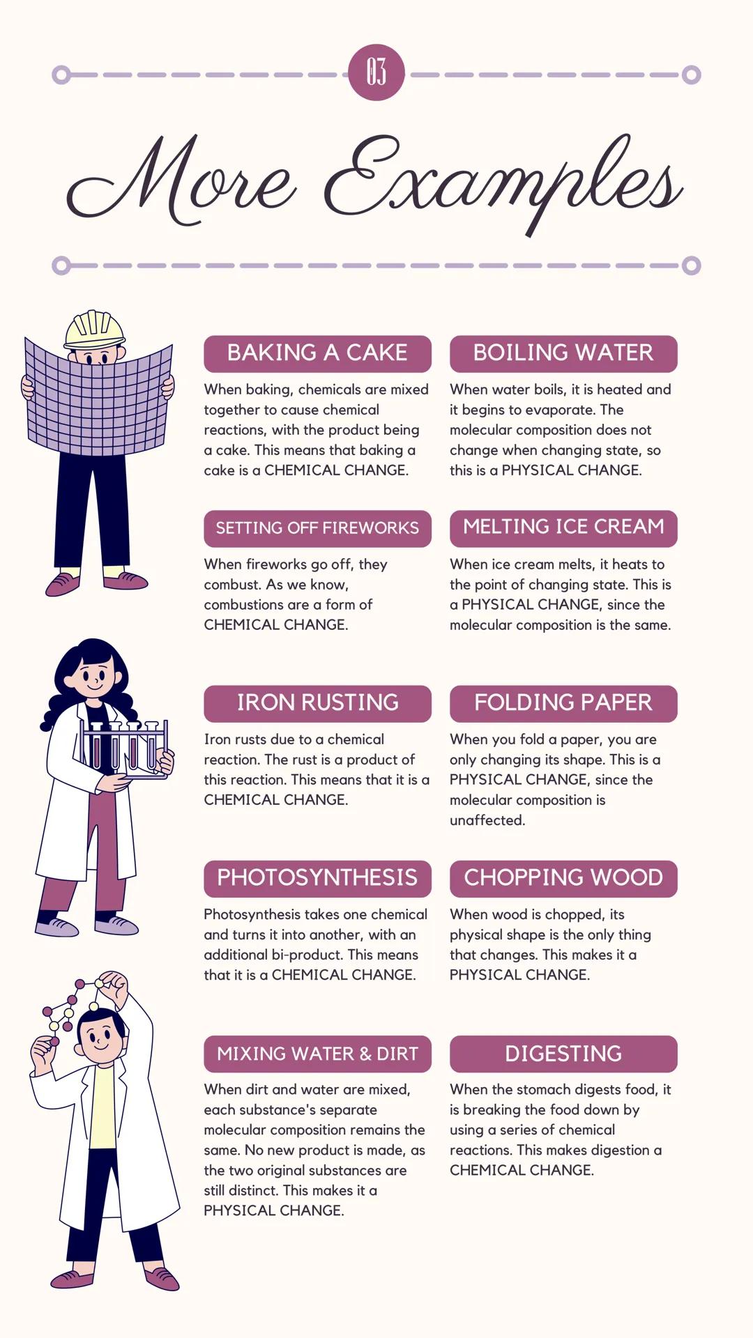 ---
01
# Physical Changes

## PROPERTIES

When a physical change occurs, a substance is
manipulated or rearranged, but its molecular composi