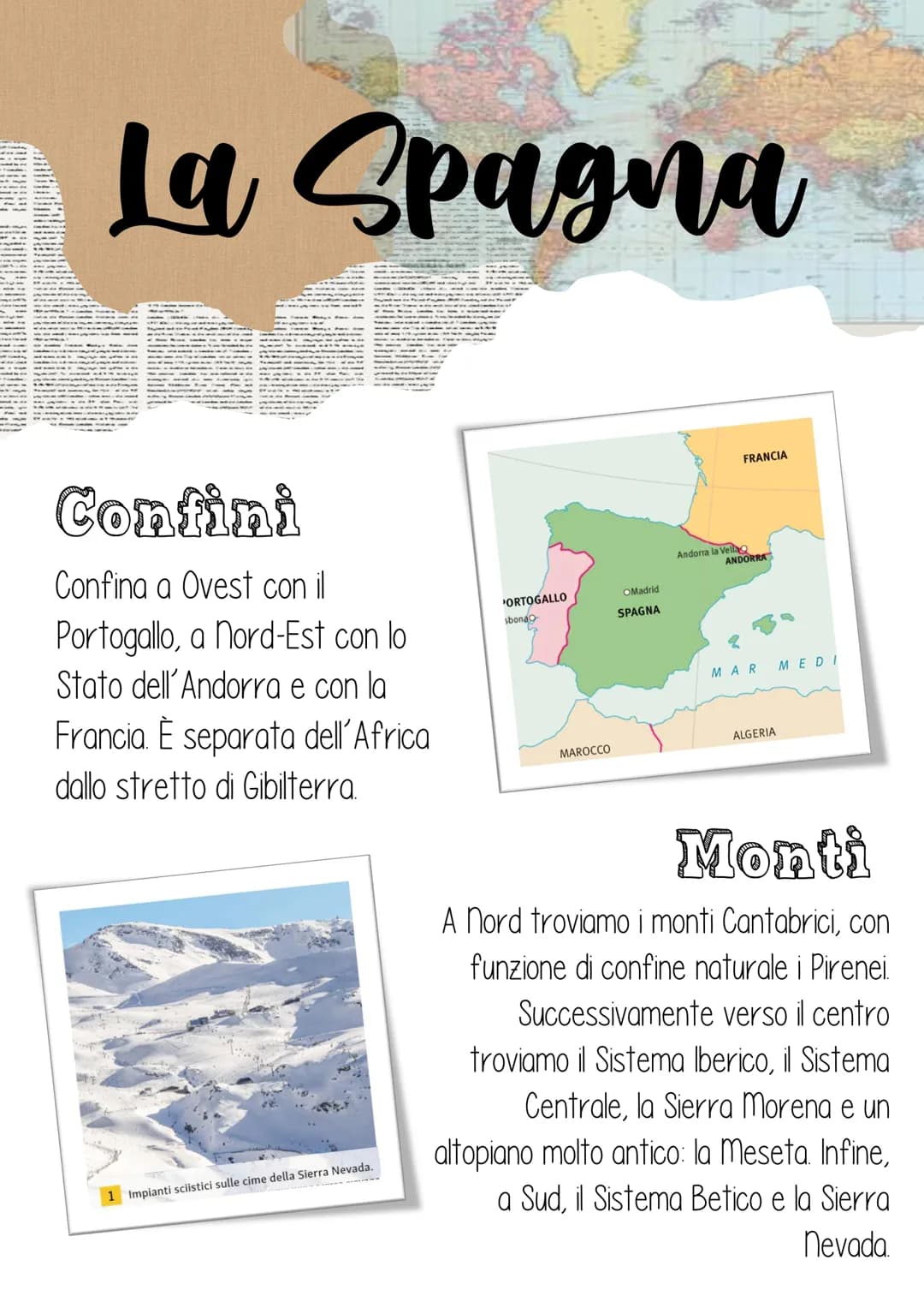 # La Spagna

## Confini

Confina a Ovest con il
Portogallo, a Nord-Est con lo
Stato dell'Andorra e con la
Francia. È separata dell'Africa
da