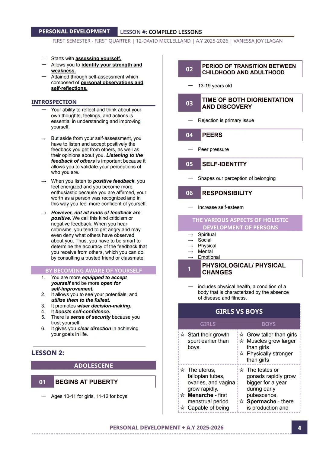 PERSONAL DEVELOPMENT
LESSON #: COMPILED LESSONS
FIRST SEMESTER - FIRST QUARTER | 12-DAVID MCCLELLAND | A.Y 2025-2026 | VANESSA JOY ILAGAN
LE