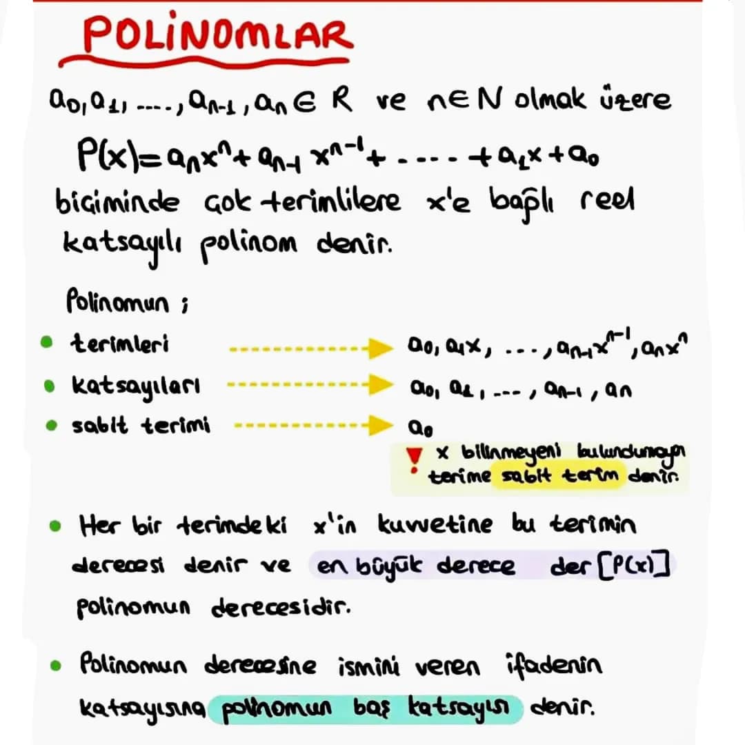 # POLINOMLAR

$a_0, a_1, ..., a_{n-1}, a_n \in R$ ve $n \in N$ olmak üzere

$P(x) = a_n x^n + a_{n-1} x^{n-1} + ... + a_1 x + a_0$

biçimind