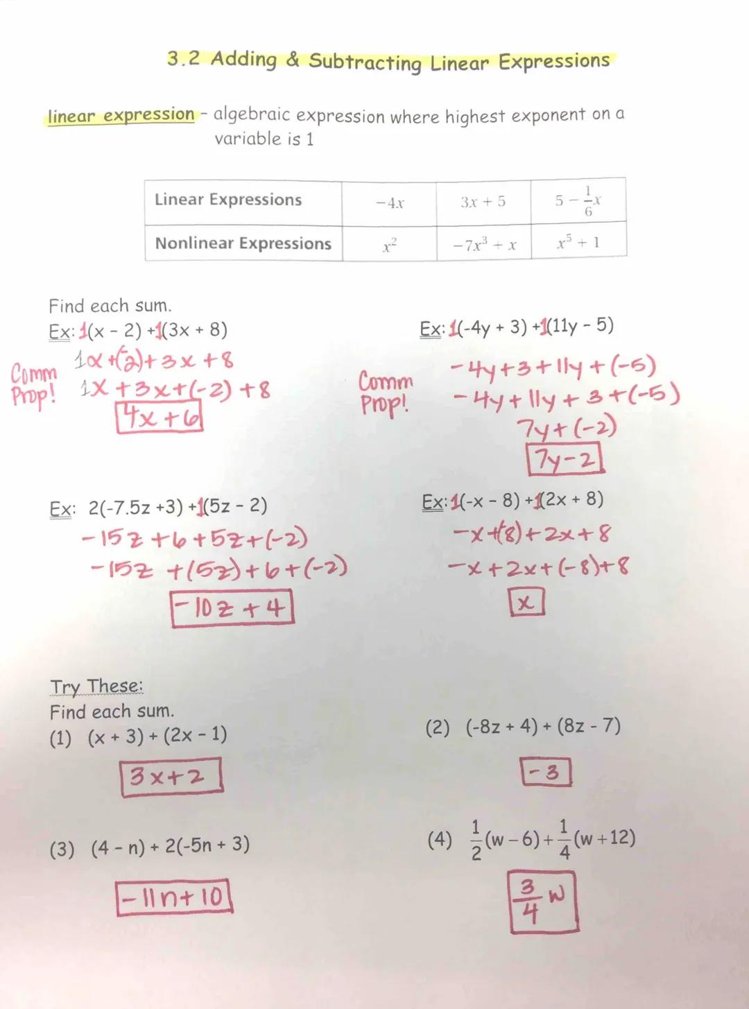 <h2 id="addingsubtractinglinearexpressions">Adding &amp; Subtracting Linear Expressions</h2>
<p>A linear expression is an algebraic expressi