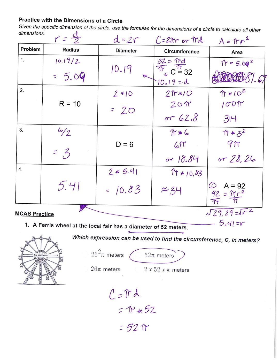 Name
Key
Date
Class
MCAS 5- Circles

PARTS OF A CIRCLE
A circle is defined as the set of all points equidistant from its center

Radius
the 