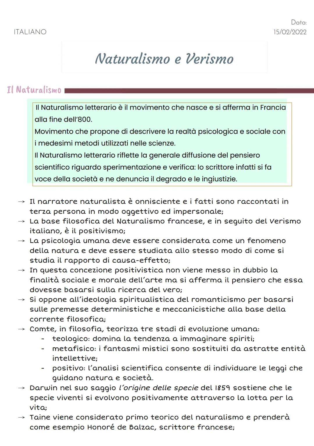 # ITALIANO

# Naturalismo e Verismo

Data:
15/02/2022

Il Naturalismo

Il Naturalismo letterario è il movimento che nasce e si afferma in Fr