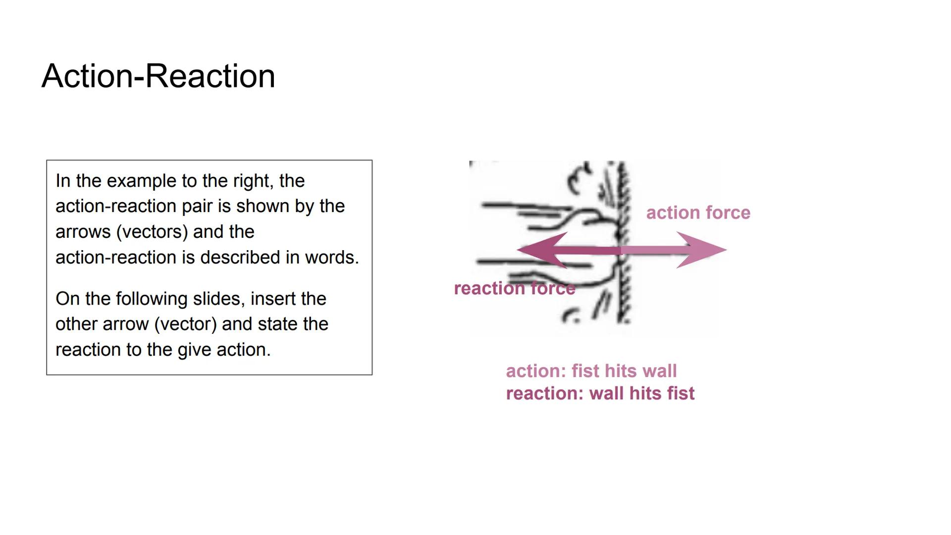 # Applying Newton's 3rd Law of Motion

Action

Reaction # Action-Reaction

In the example to the right, the
action-reaction pair is shown by