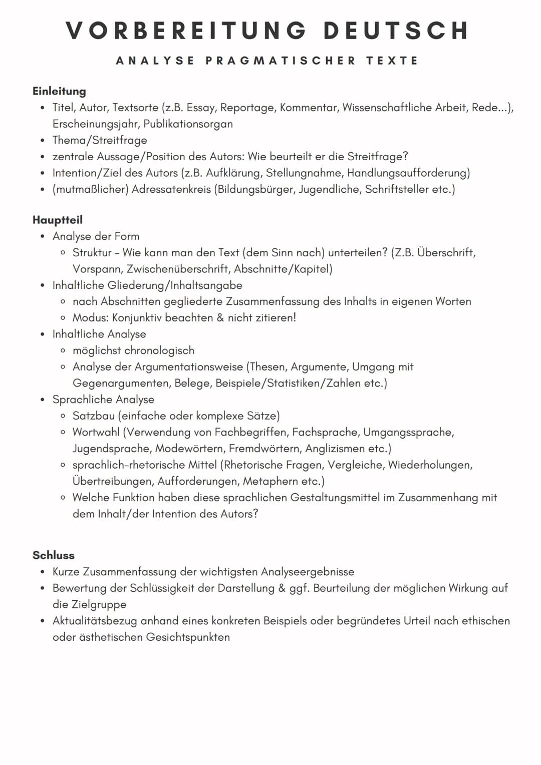 # VORBEREITUNG DEUTSCH
ANALYSE PRAGMATISCHER TEXTE

Einleitung
*   Titel, Autor, Textsorte (z.B. Essay, Reportage, Kommentar, Wissenschaftli