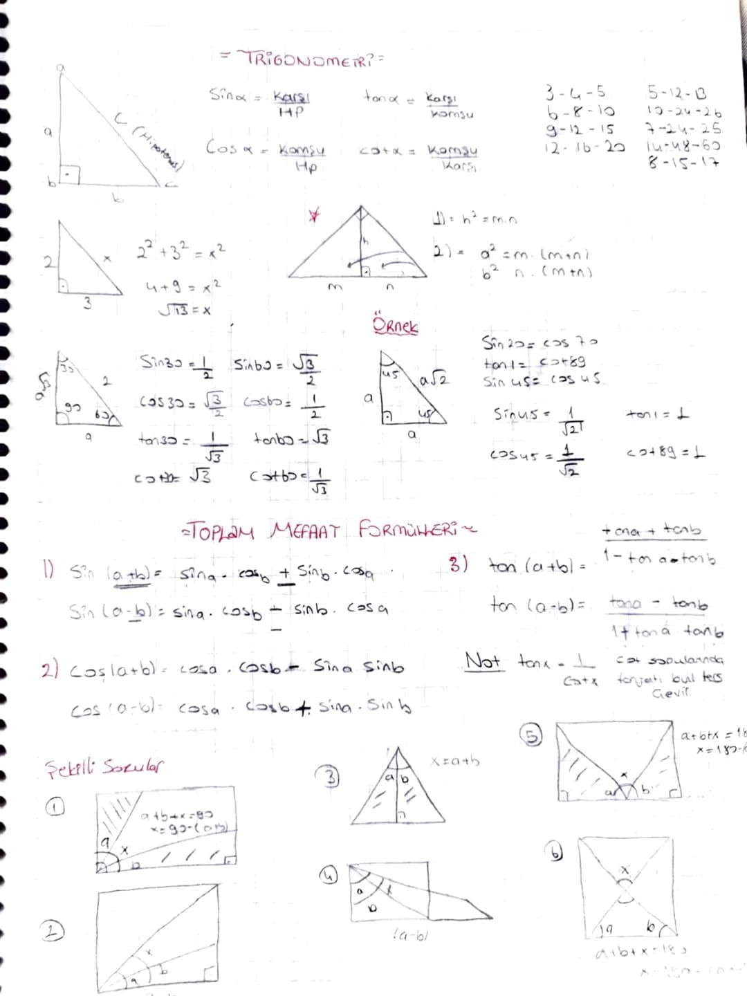 TRIGONOMETR? =

Sina = $\frac{Kars!}{HP}$ tona = $\frac{karşı}{komsu}$

Cosa = $\frac{komşu}{Hp}$ cata = $\frac{komşu}{Kara}$

(Hipotenus)

