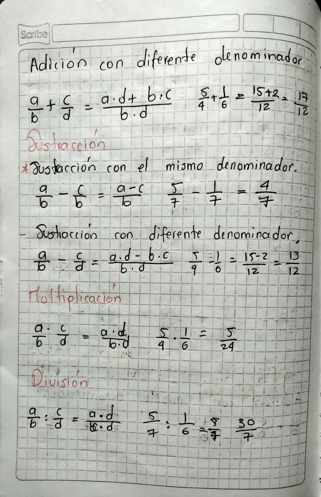 Operaciones con numeros racionales
Adicion
1
A dicion con mismo denominador.
$
\frac{a}{b} + \frac{c}{b} = \frac{a+c}{b}
$
$
\frac{5}{7} + \
