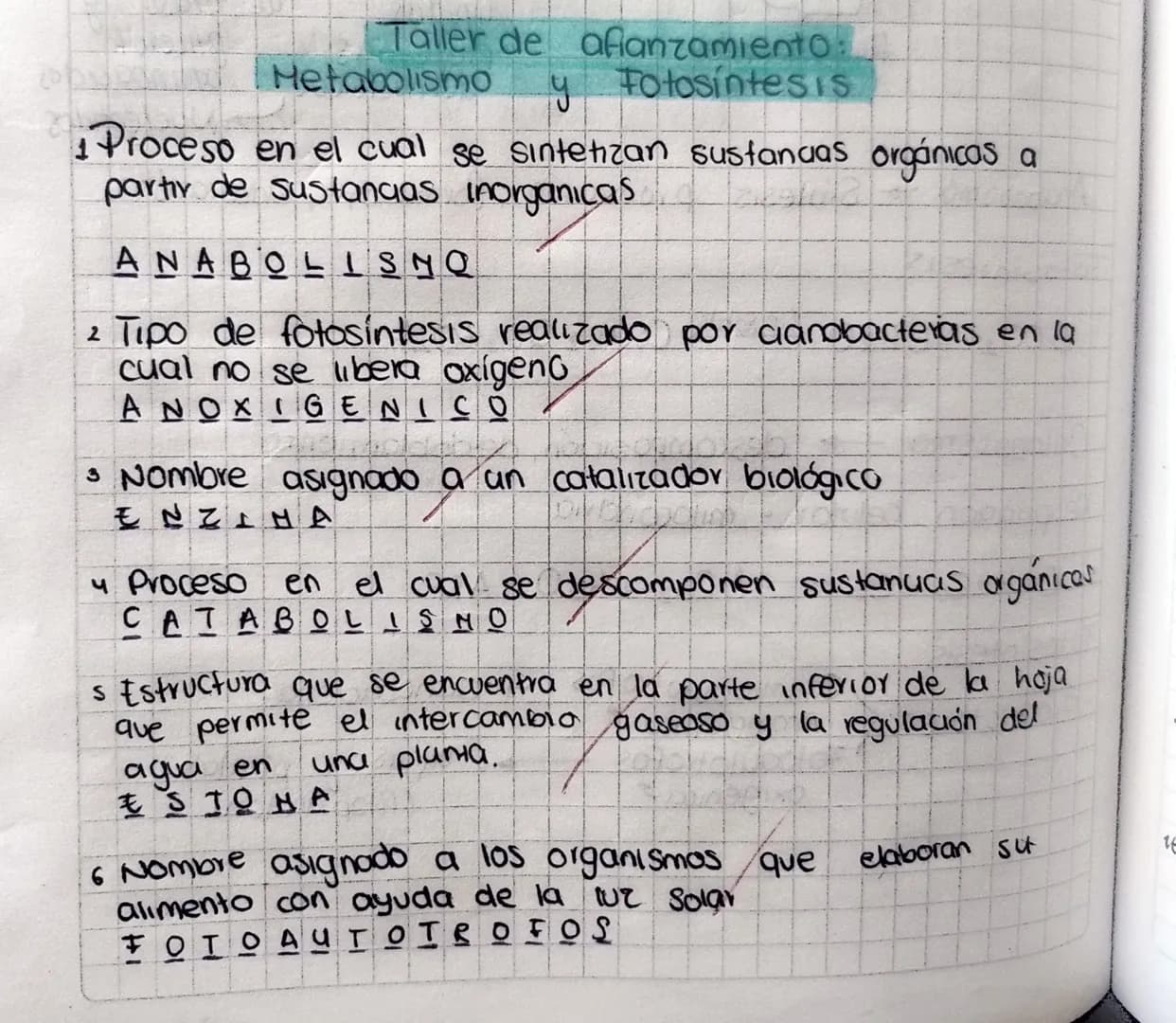 Taller de afianzamiento:
Metabolismo y FotosintesisS

1 Proceso en el cual se sintetizan sustancias orgánicas a
partir de sustancias inorgan